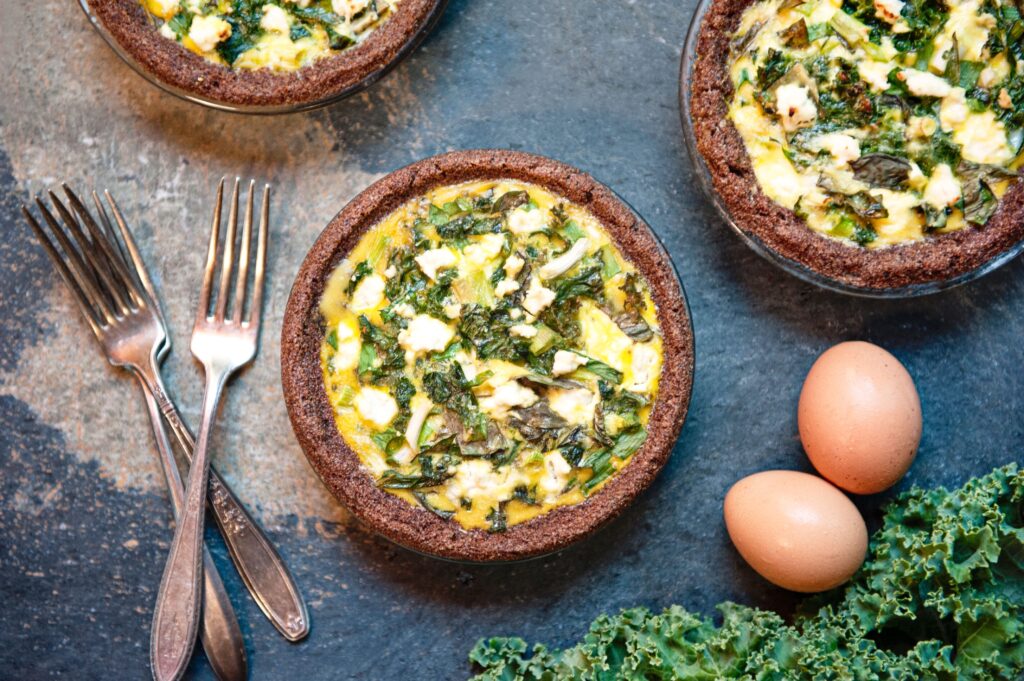 gluten-free goat cheese quiche displayed on table