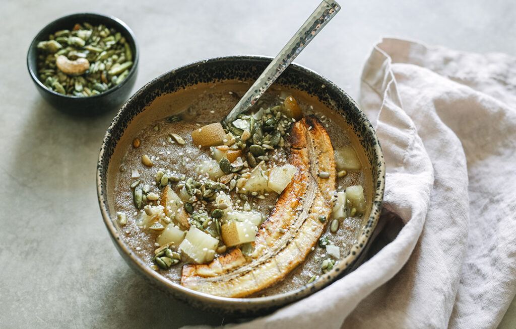 Gluten-Free Banana Porridge in Ceramic Bowl