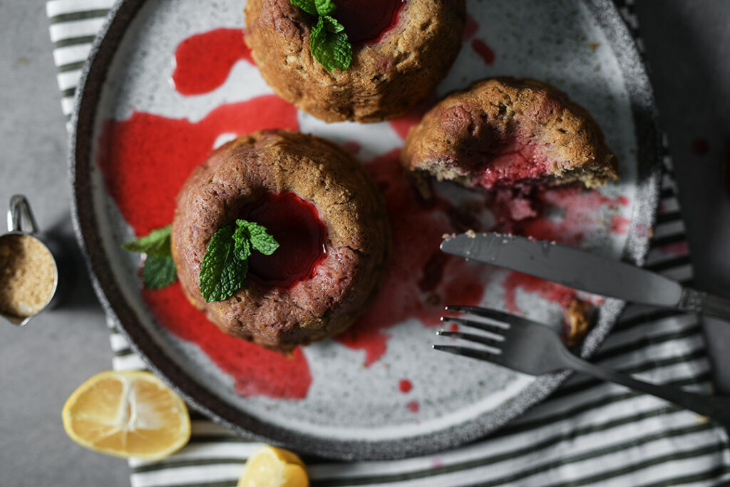 Gluten-Free Lemon Bundt Cake drizzled with Raspberry Syrup