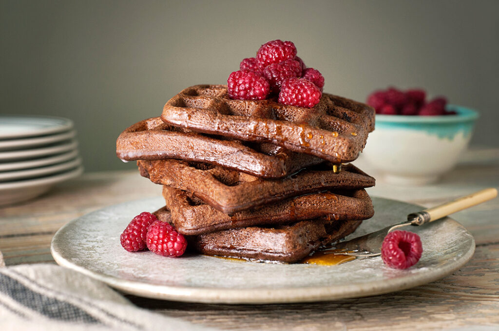 Gluten Free Chocolate Chip Waffles with Rasberries on top