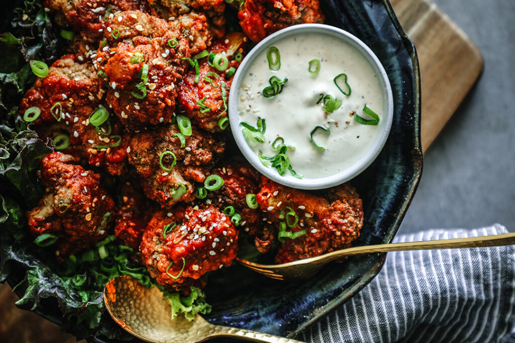Gluten-Free Crusted Broccoli Bites served with with dip