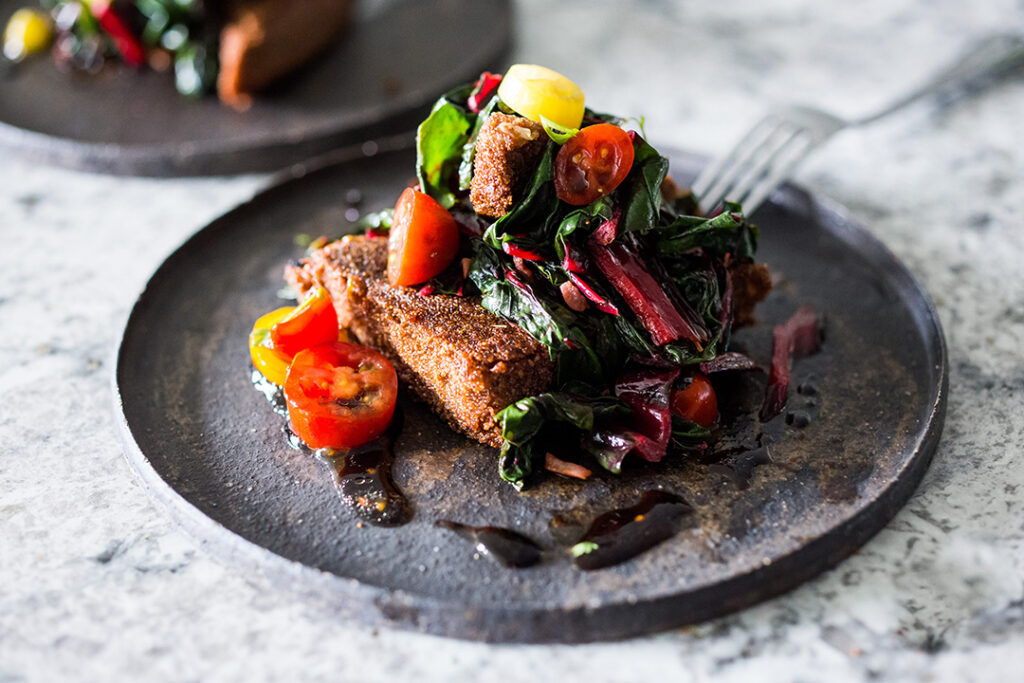 Gluten-Free Savory Teff Cakes topped with veggies