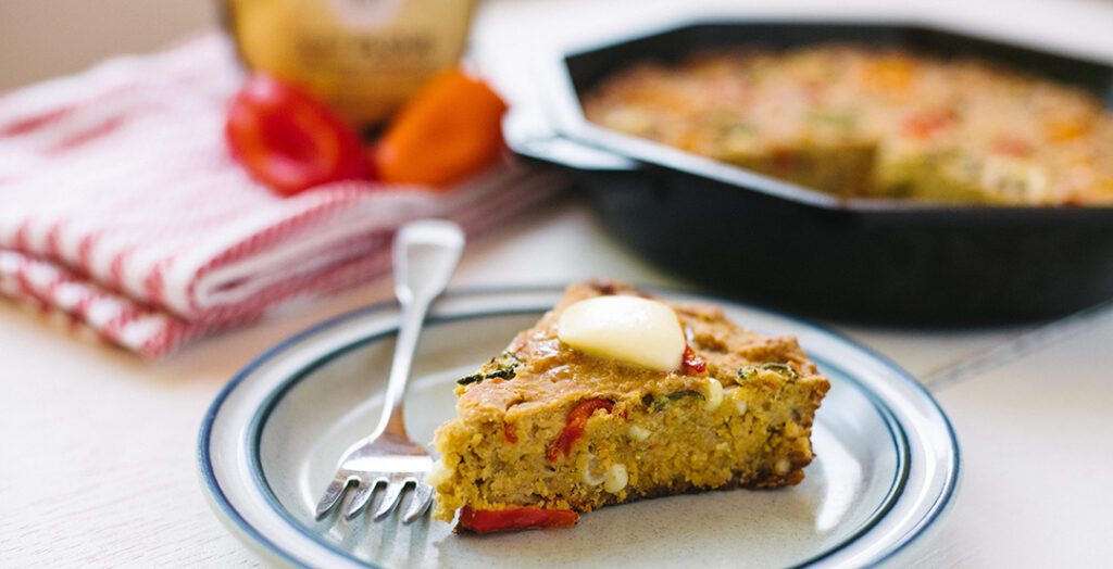 Slice of Gluten-Free Roasted Corn Teff Cornbread on plate
