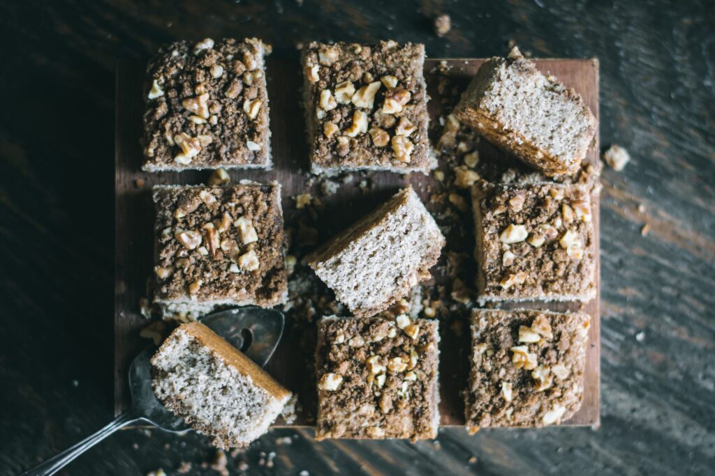 Vegan Coffee Cake with Teff cut into servings on tray