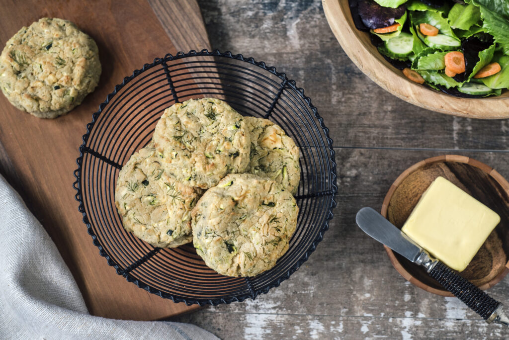 Gluten-Free Zucchini and Feta Cheese Scones in wire bowl