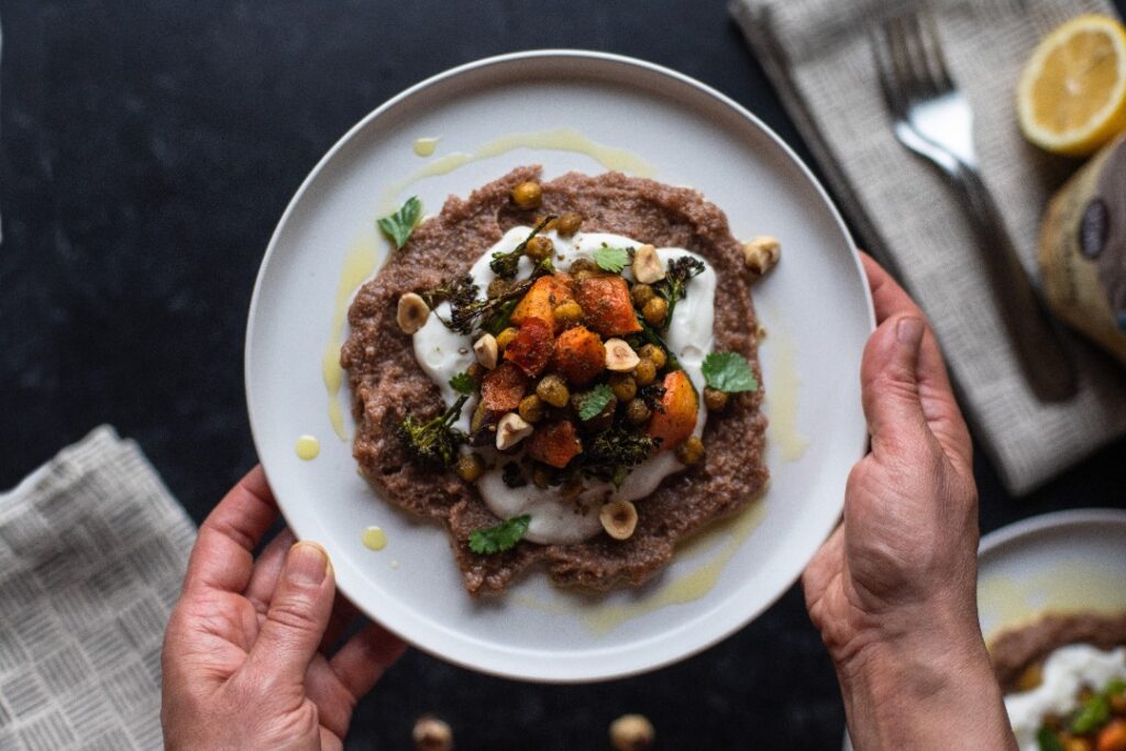 Olive Oil Teff and Veggies on plate