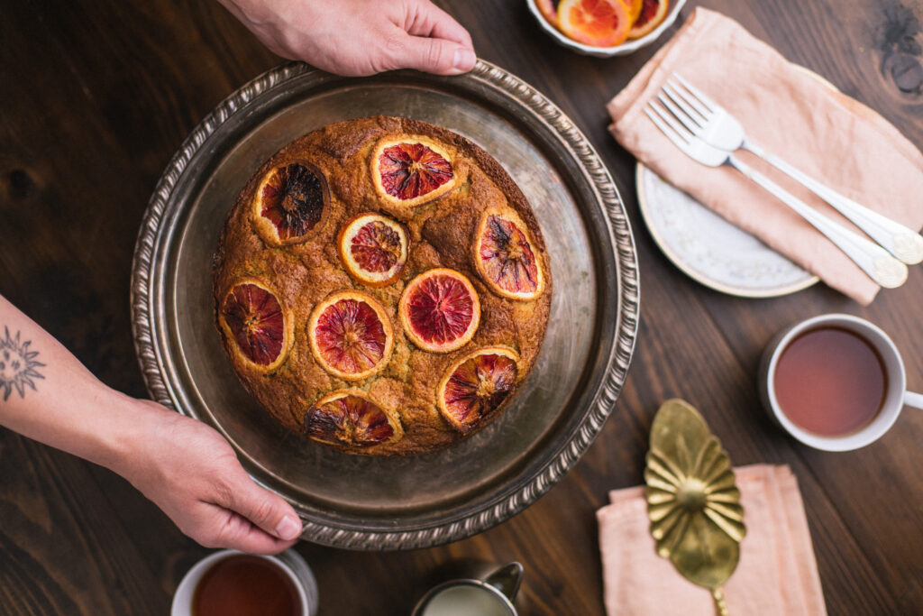 Orange Olive Oil Cake shown in pan
